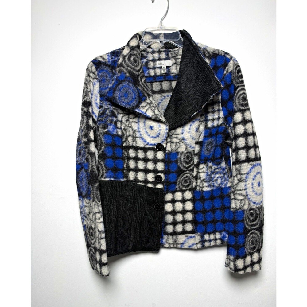 Linea Domani Women’s M Wool Blend Fleece Jacket Geometric Button Blue Gray